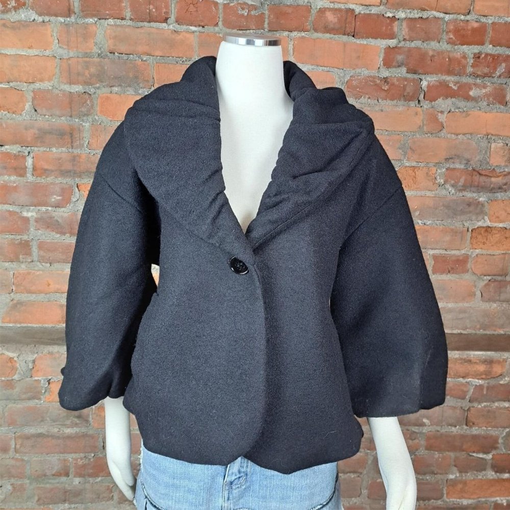 Theory Womens Short Coat Puffy  Sleeves Collar Black Big Collar Wool Size S